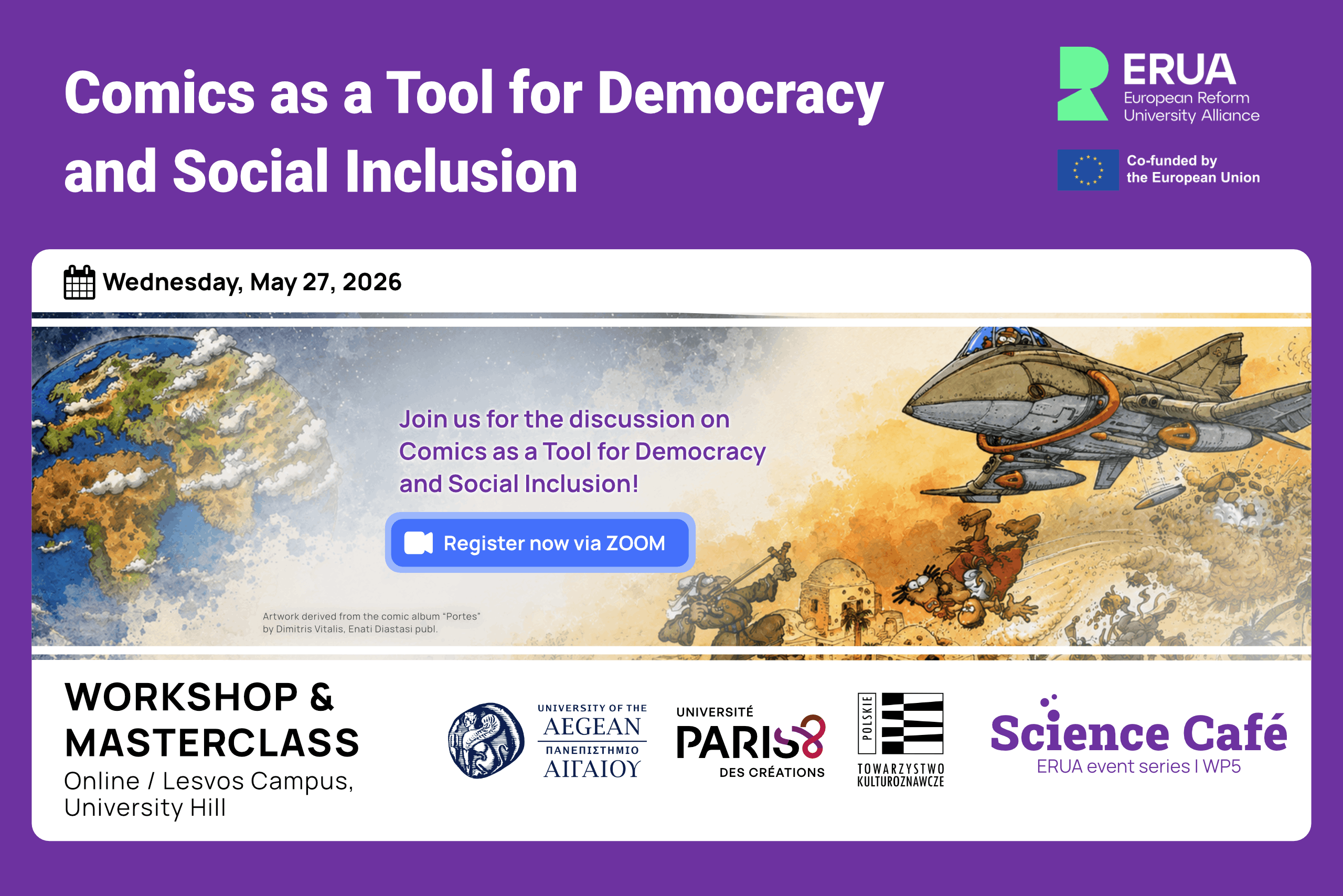 Comics as a Tool for Democracy and Social Inclusion — ERUA WP5 Event visual artwork