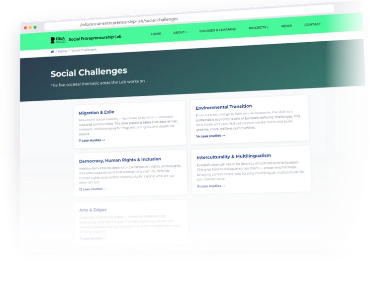 ERUA Social Entrepreneurship Lab, Social Challenges page: the five thematic areas with their case studies